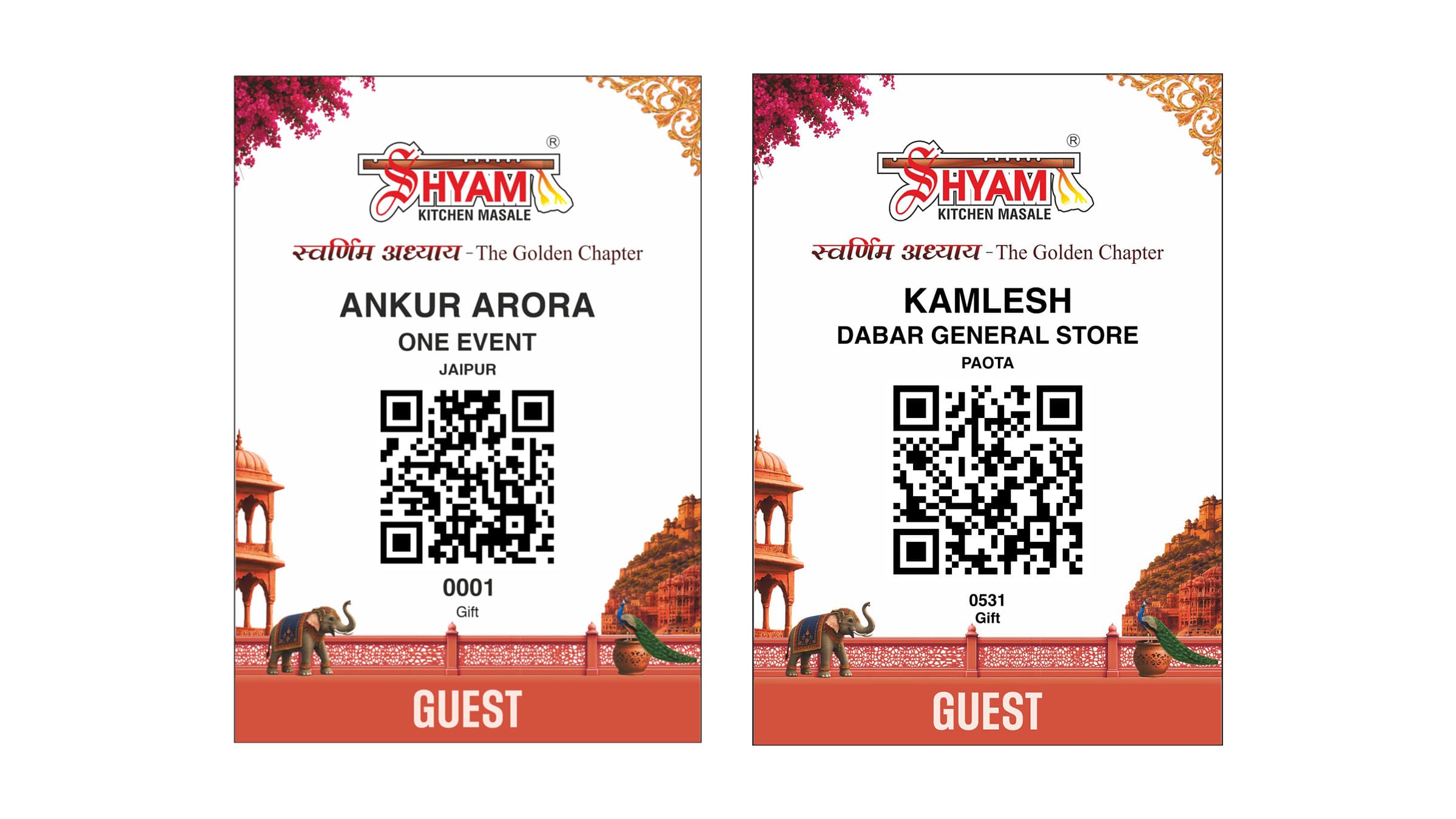 Two personalised Shyam Kitchen Masale guest badges with QR codes