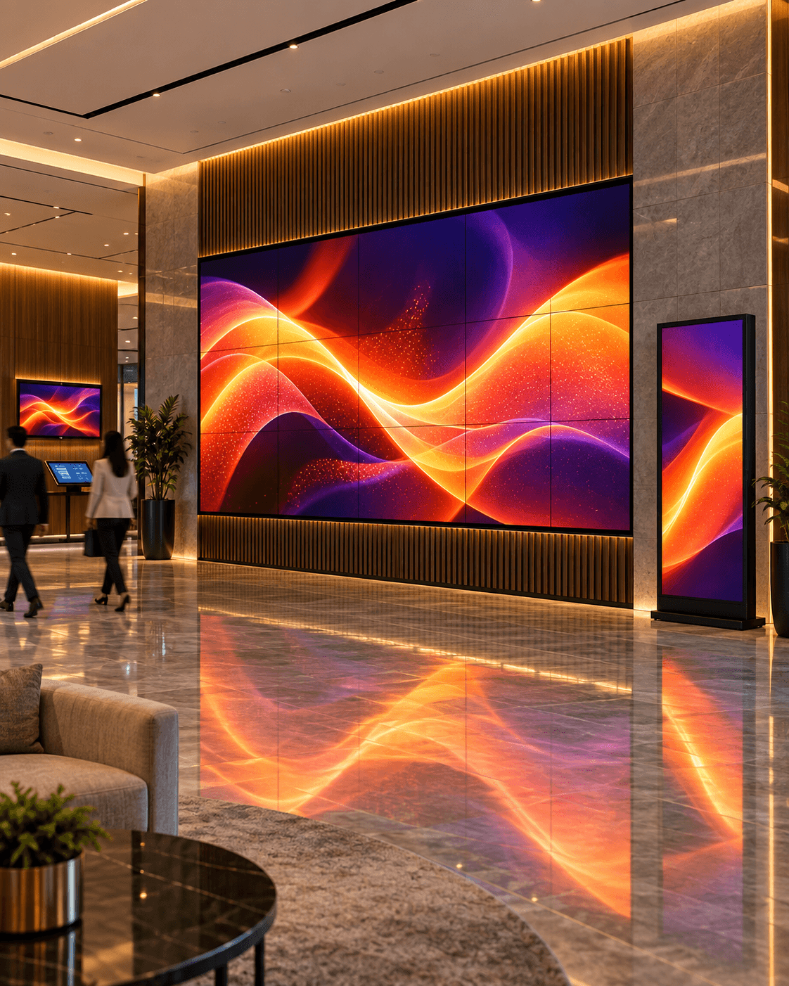 Video wall and digital signage in a hotel lobby