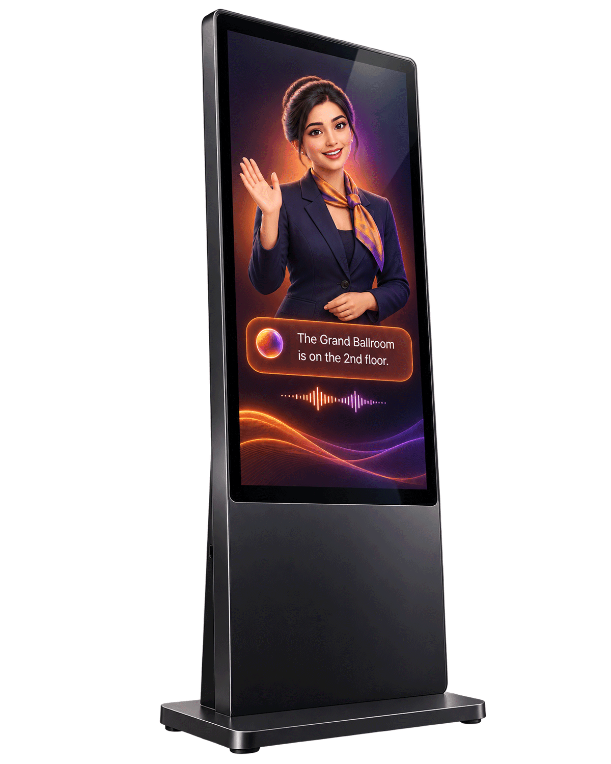 Standing AI kiosk with an on-screen event assistant