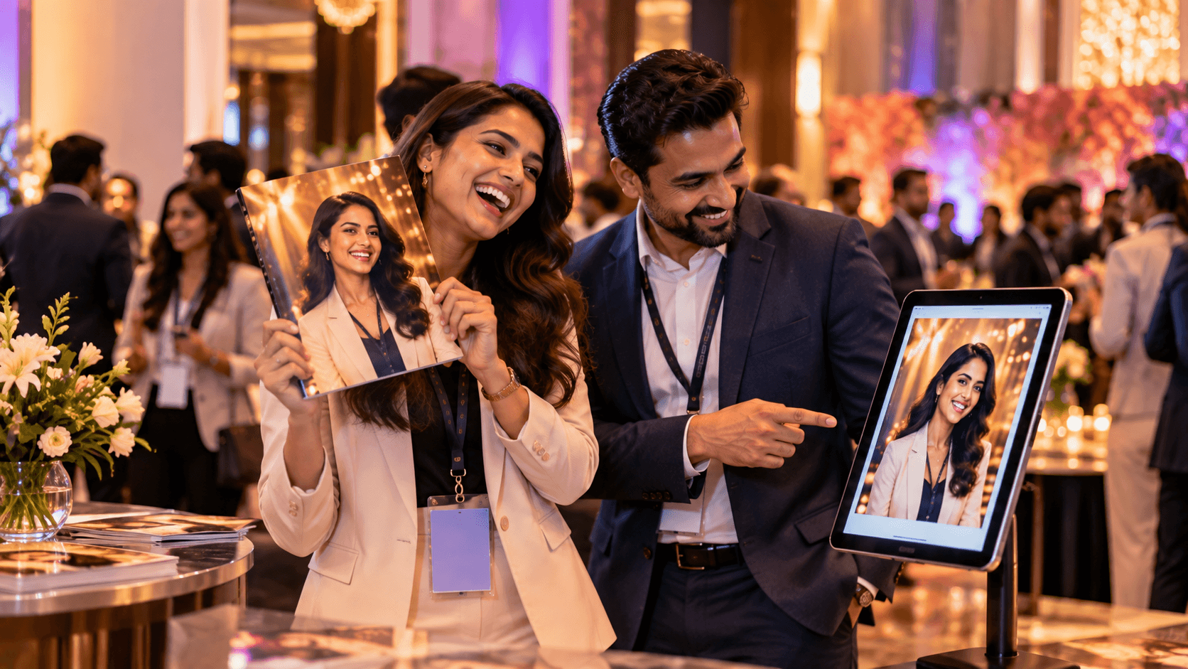 Guests holding their AI magazine cover next to the booth screen