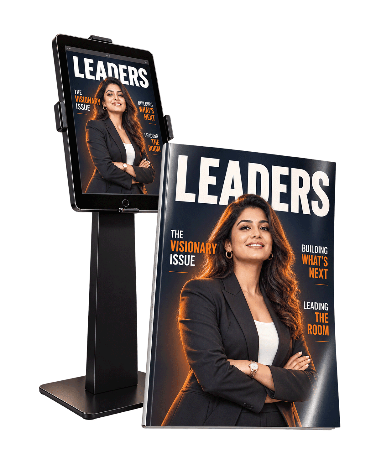 AI Magazine Booth stand beside a printed magazine cover of a guest
