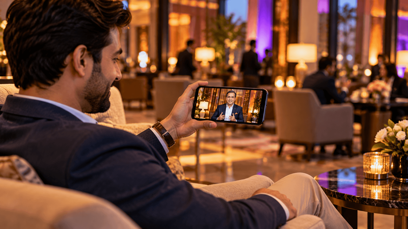 Guest watching a personalised video invite on his phone in a hotel lounge