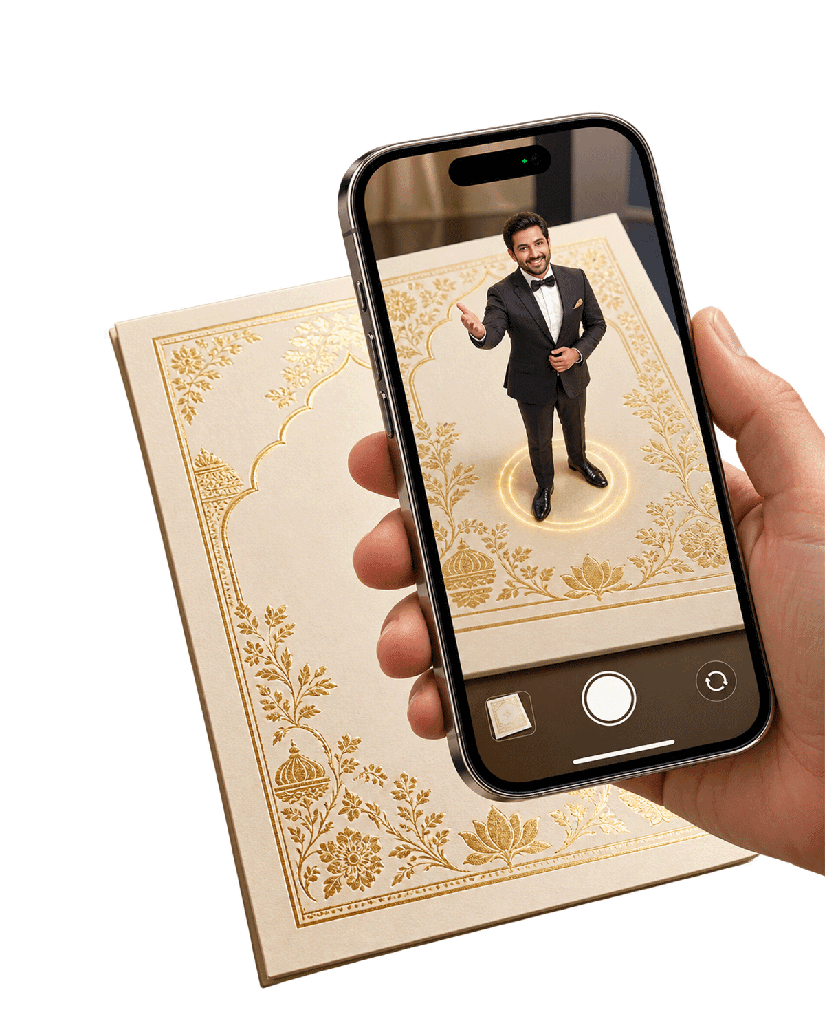 Phone held over a printed invitation, showing the host on the card in AR
