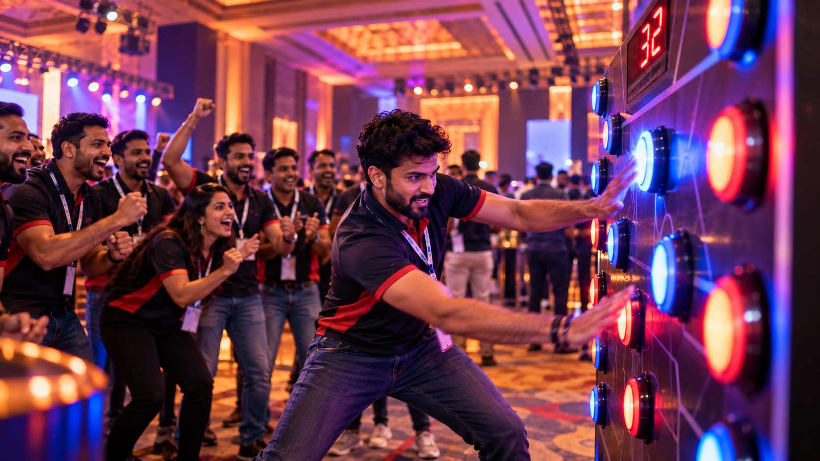 Guest hitting lit targets on the Batak wall as the crowd cheers