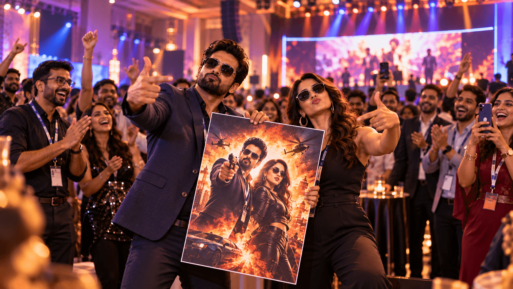 Couple holding their Bollywood-style poster at a party