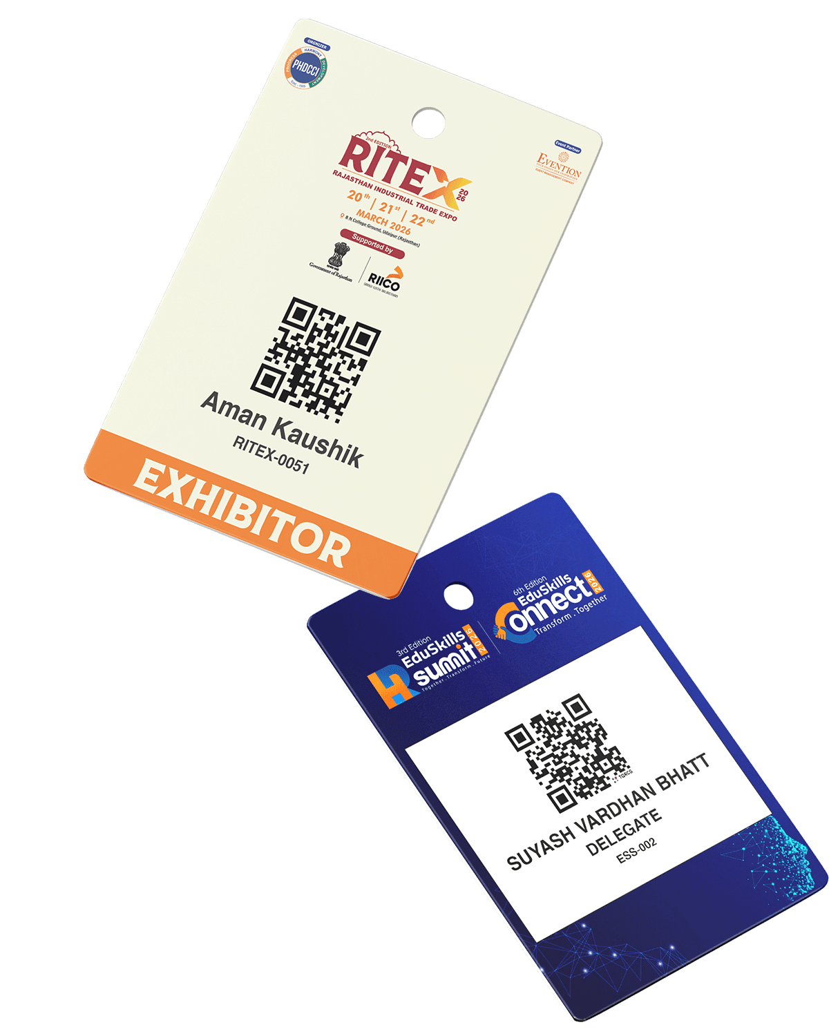Two printed event badges with personalised QR codes