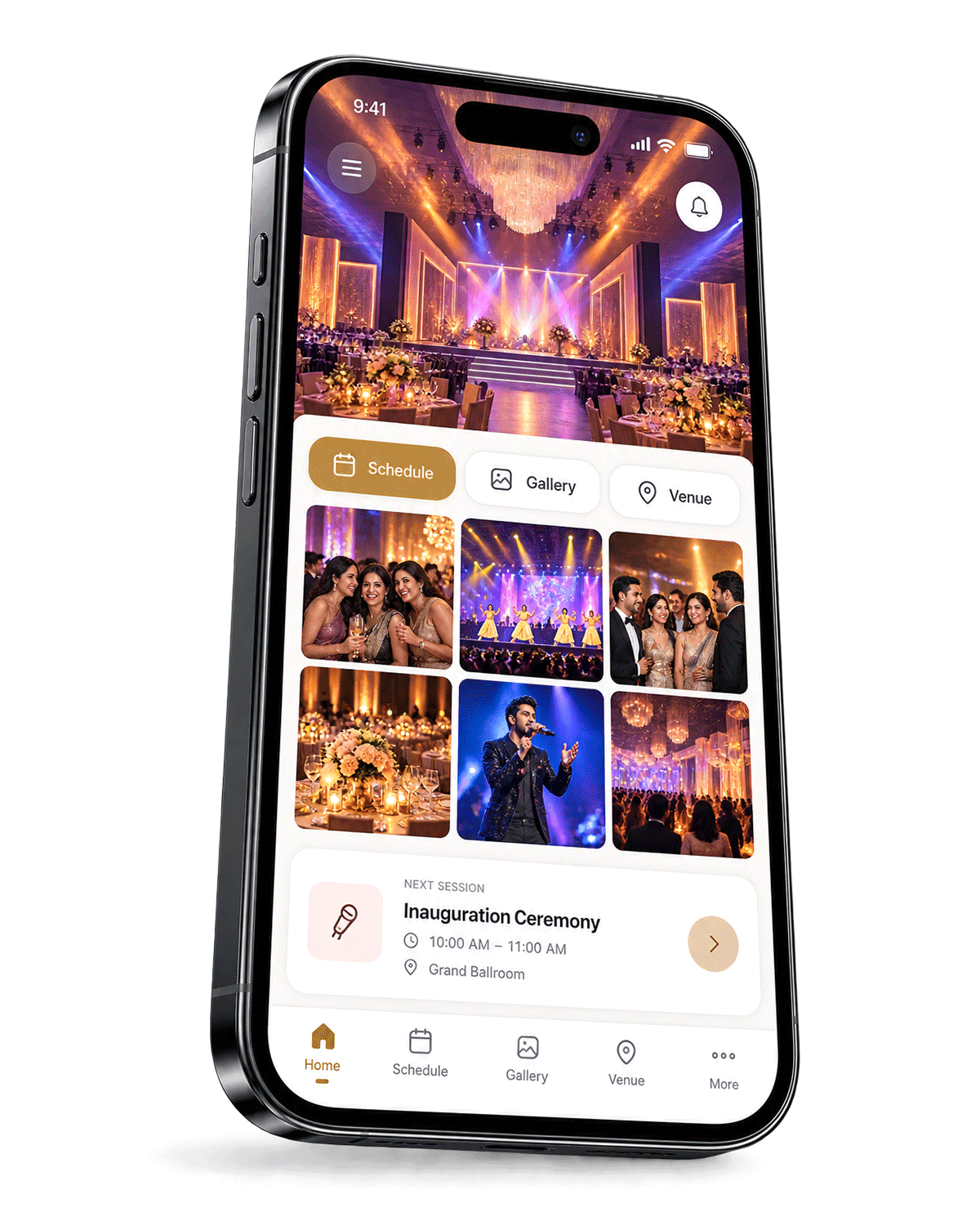 Phone showing the event webapp with photos and the day's schedule