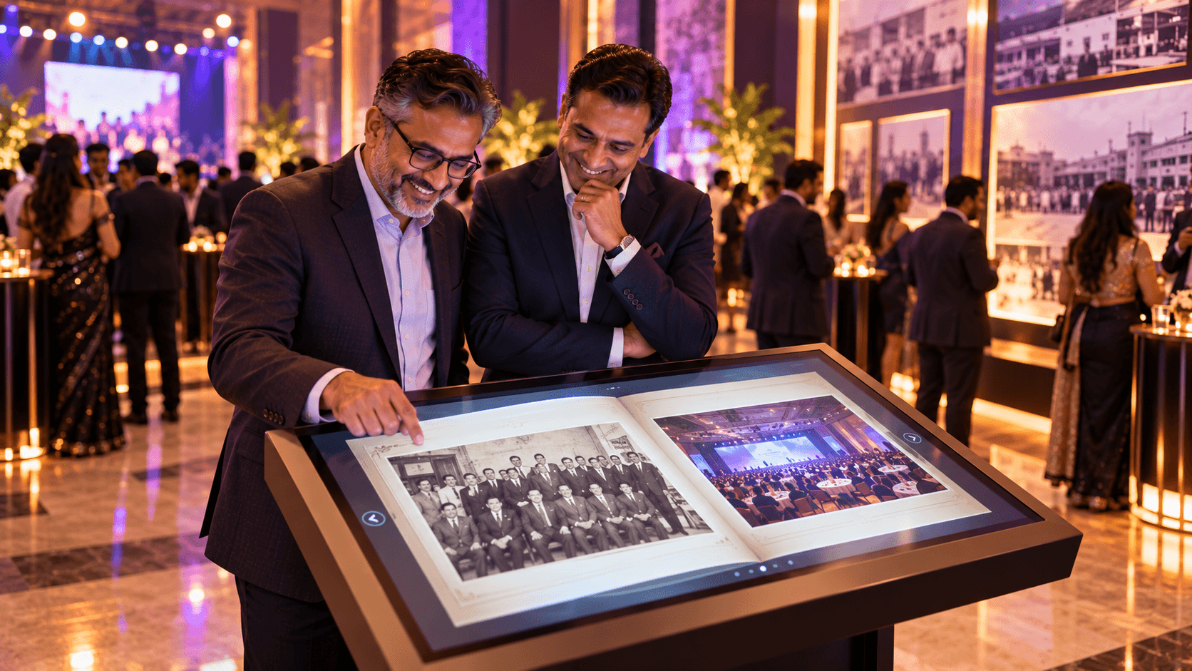 Two guests turning pages on the Flipbook touchscreen
