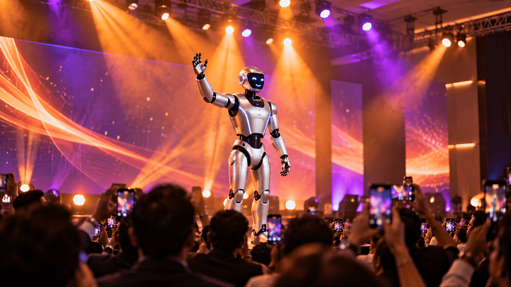 Humanoid robot waving on stage in front of an audience