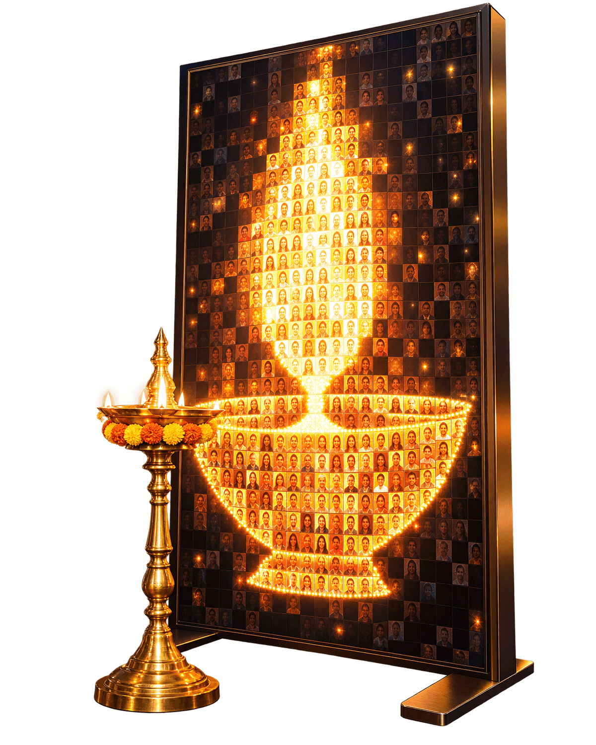 LED mosaic of a lit diya beside a brass lamp