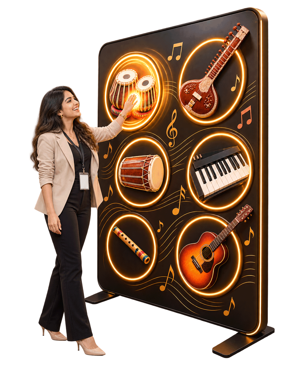 Guest tapping illustrated instruments on the Music Wall
