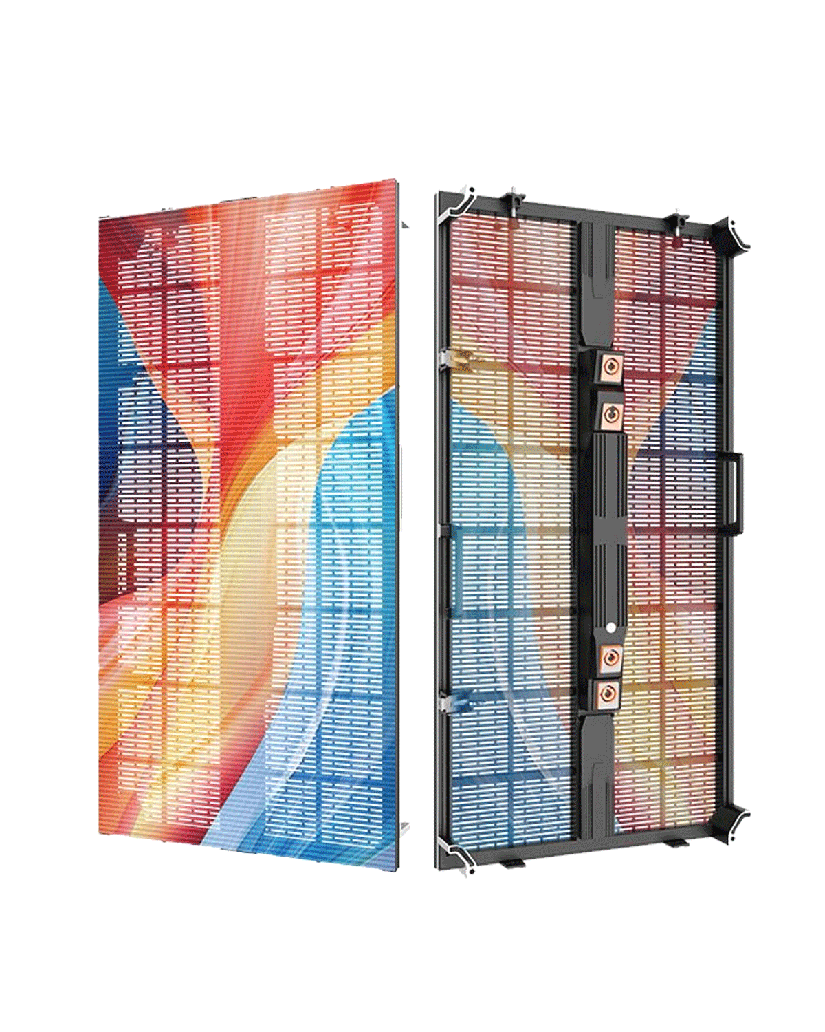 Transparent LED wall panels showing colourful content