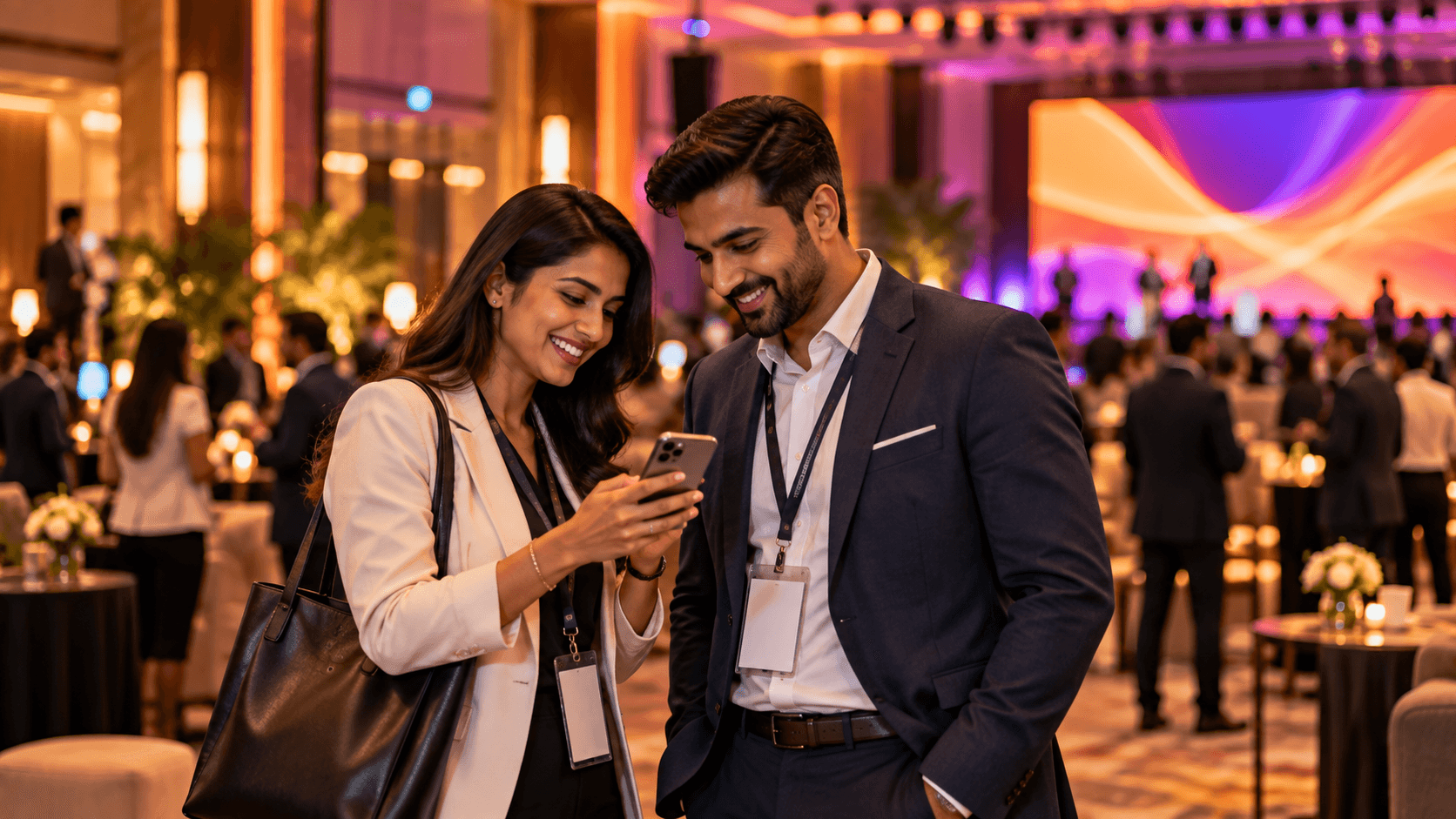 Two guests reading the event concierge chat on a phone at an event