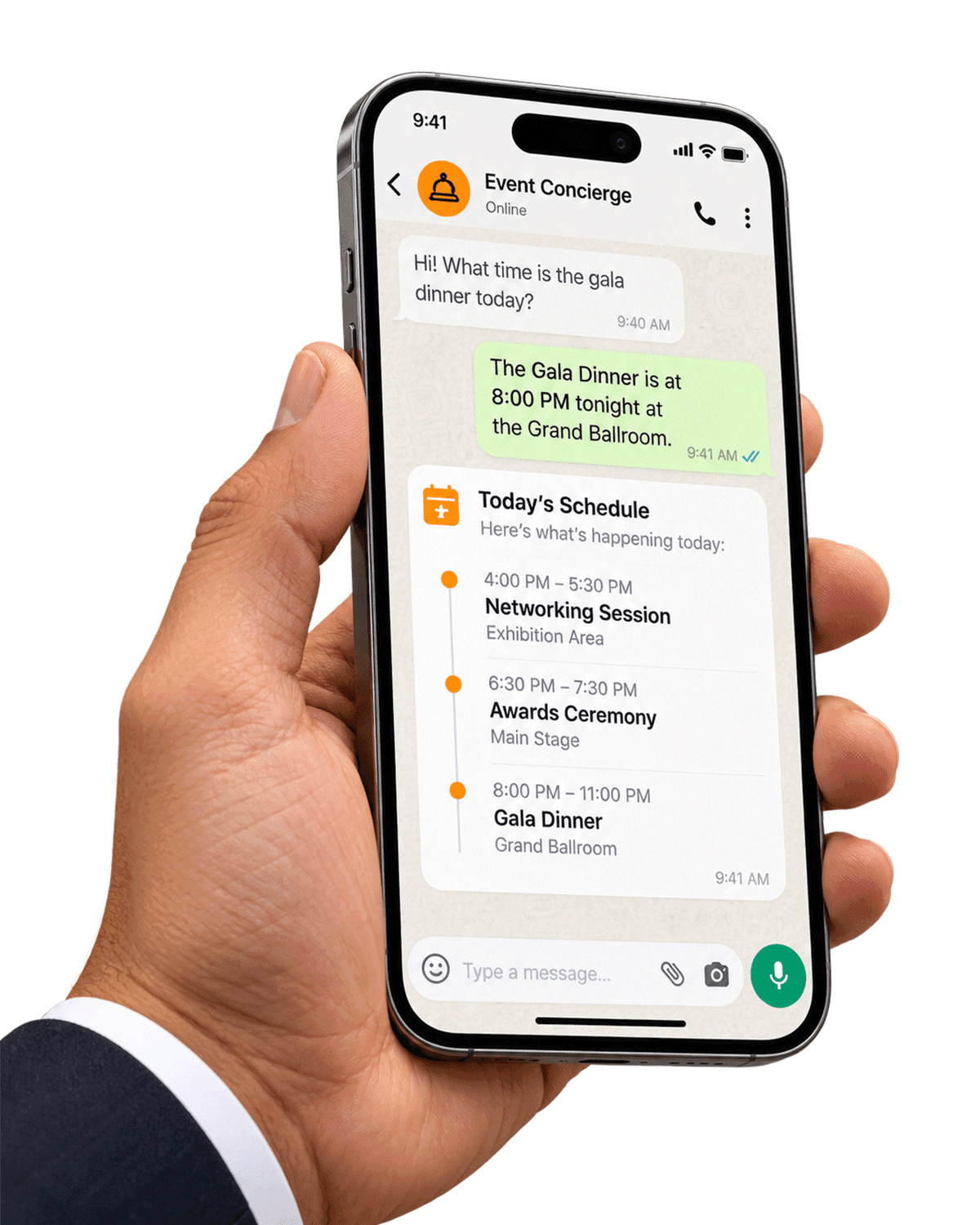 Phone showing the event concierge chat on WhatsApp with the day's schedule