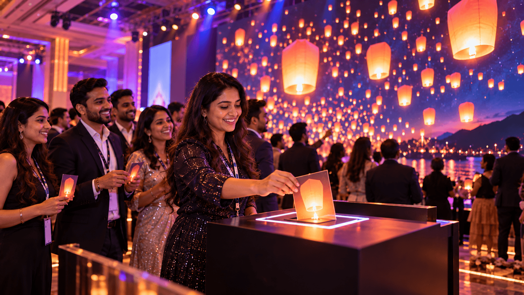 Guest placing a wish as lanterns float across the big screen