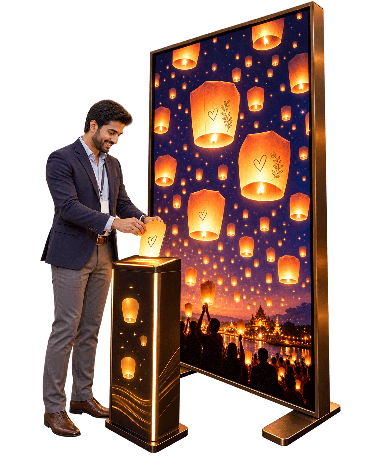 Guest writing a wish beside a screen of floating lanterns