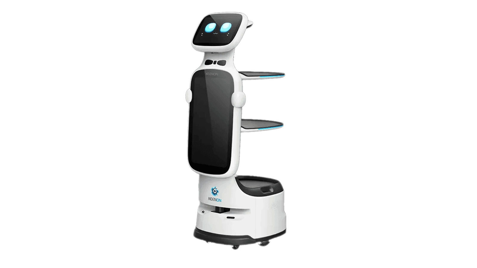 Delivery and marketing robot with open trays and a screen