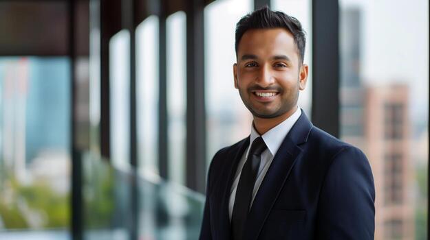 confident-business-professional-in-suit-standing-by-office-window-emphasizing-diversity-and-modern-workplace-photo